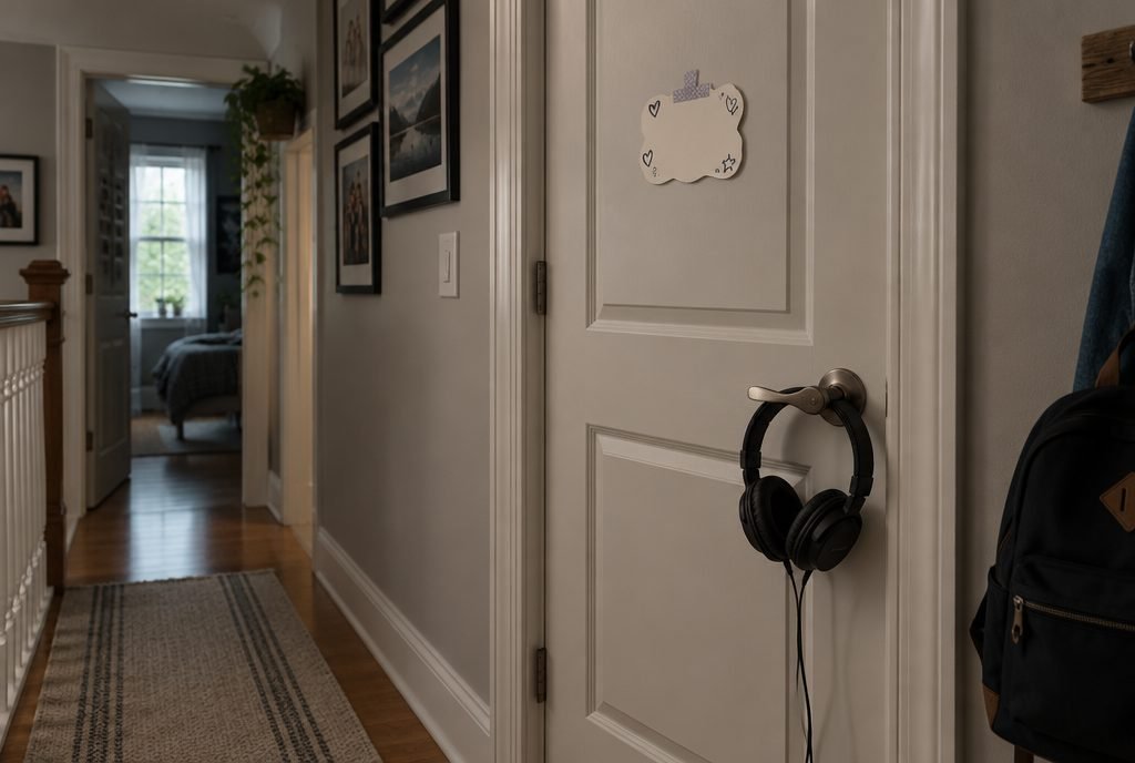 Porte de chambre d'adolescent fermée avec un casque accroché à la poignée
