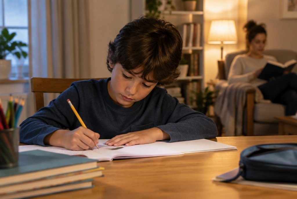 Enfant qui travaille seul pendant que son parent lit à proximité