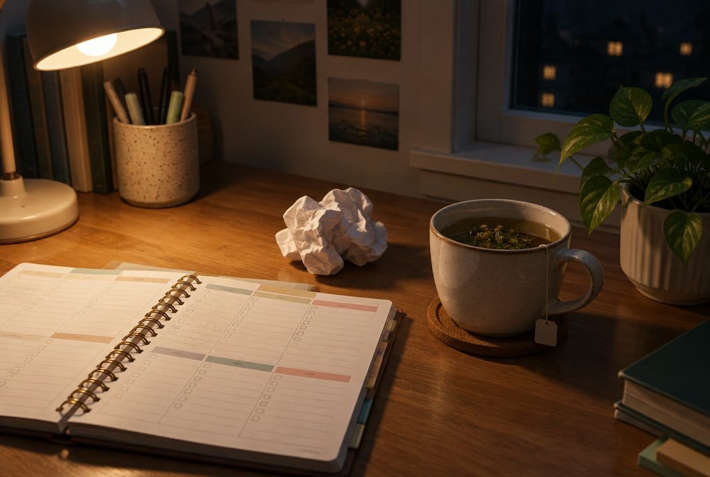 Bureau le soir avec agenda et tisane, gérer l'anxiété scolaire