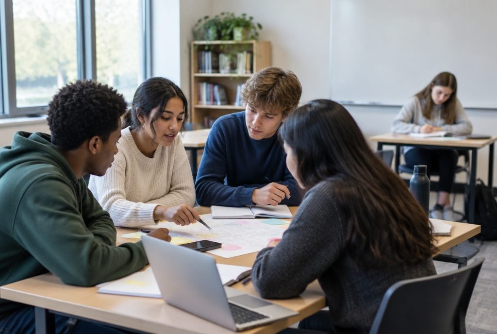 Élèves qui travaillent en groupe sur un projet commun en classe