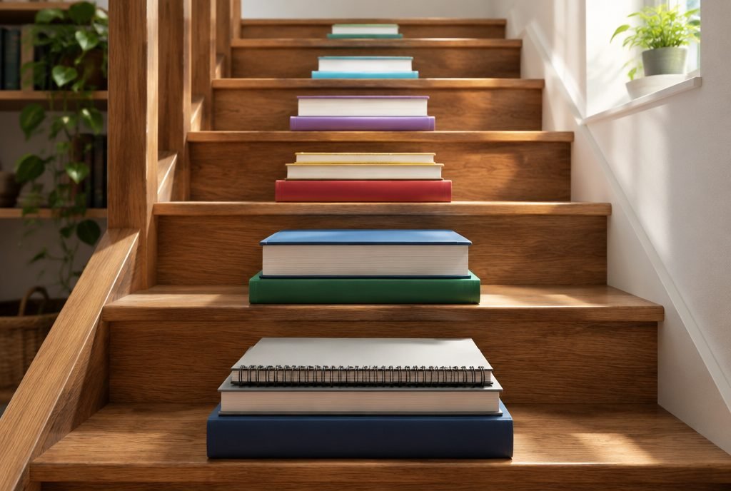 Livres posés sur les marches d'un escalier, apprendre étape par étape