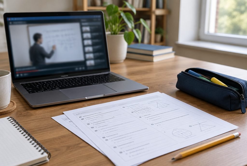 Ordinateur avec un cours en ligne à côté d'exercices imprimés