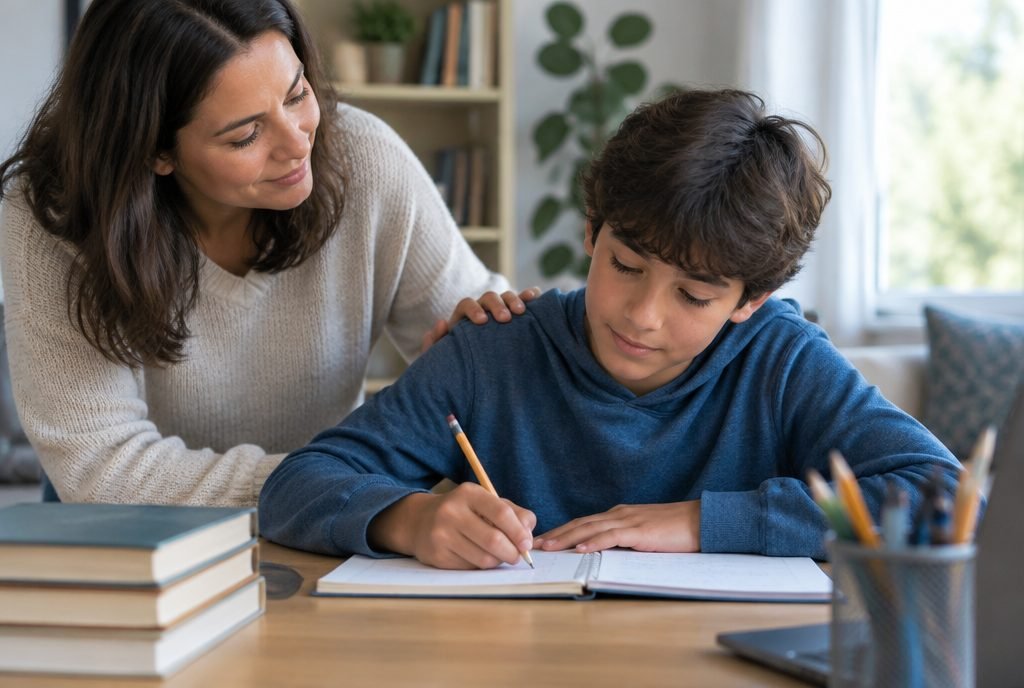 Parent qui encourage son enfant d'une main sur l'épaule pendant ses devoirs