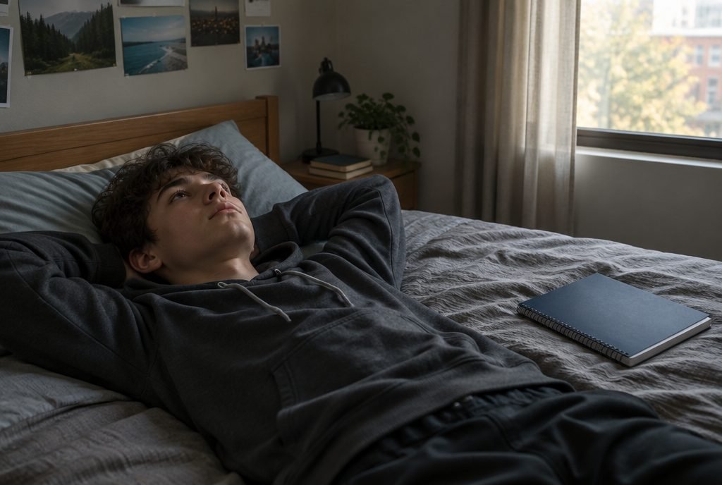 Adolescent démotivé allongé sur son lit à côté d'un cahier fermé