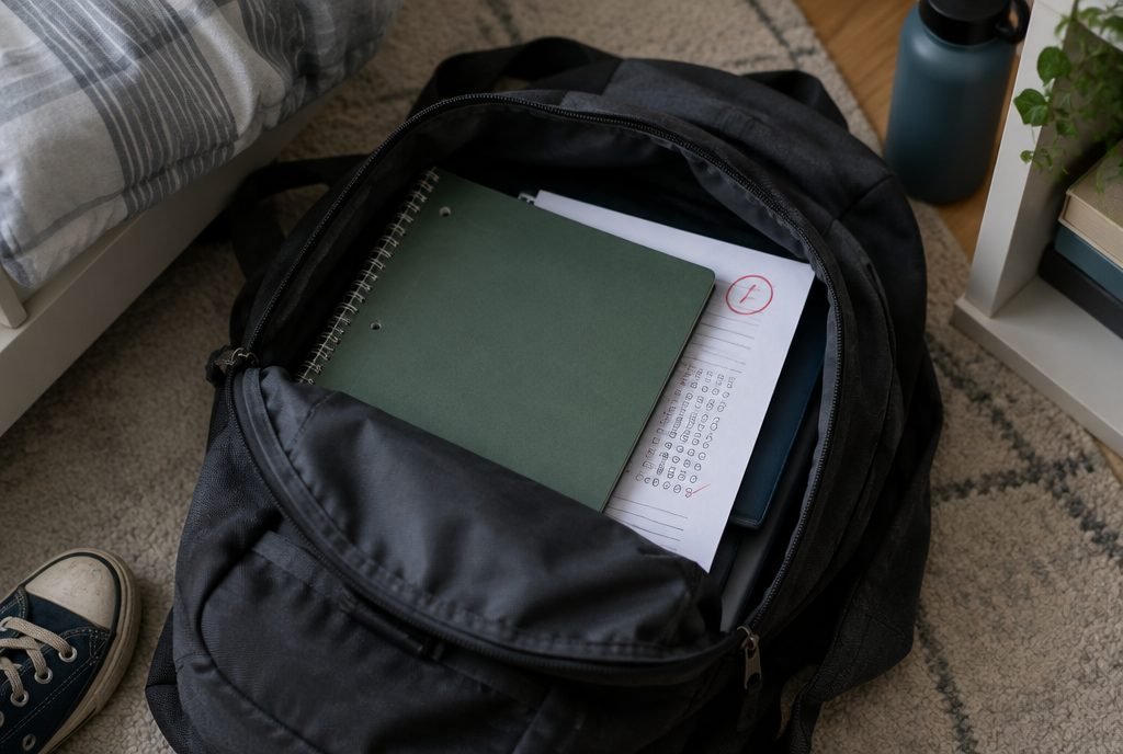 Copie à moitié cachée dans un cartable, enfant qui cache ses notes
