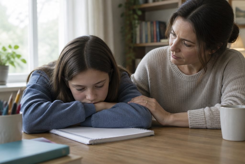 Enfant découragé la tête dans les bras sur son cahier, parent à côté