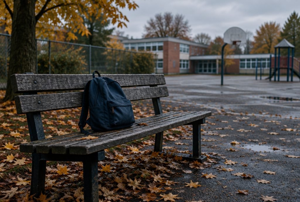 Banc de cour de récréation vide avec un sac à dos abandonné
