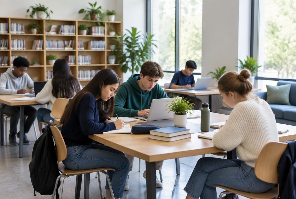 Espace d'étude collaboratif lumineux avec des élèves concentrés