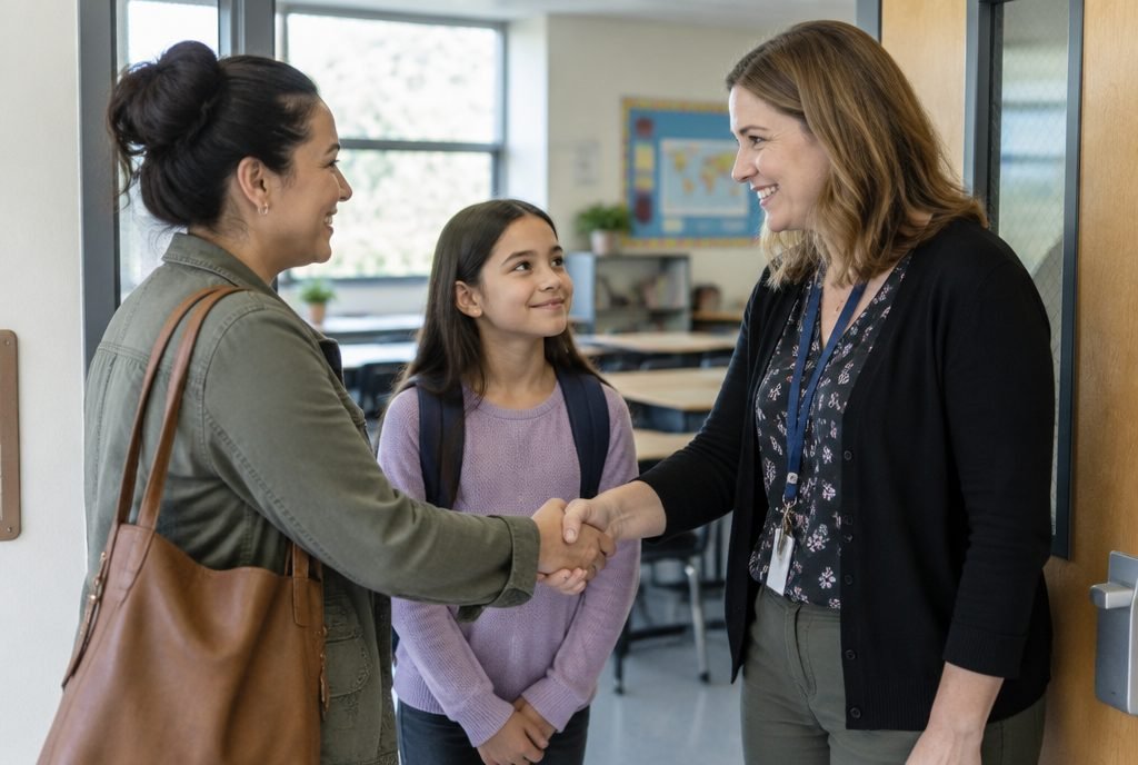 Parent et enseignant qui se serrent la main, collaboration école-famille