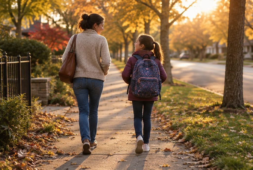 Parent et enfant qui discutent en rentrant de l'école