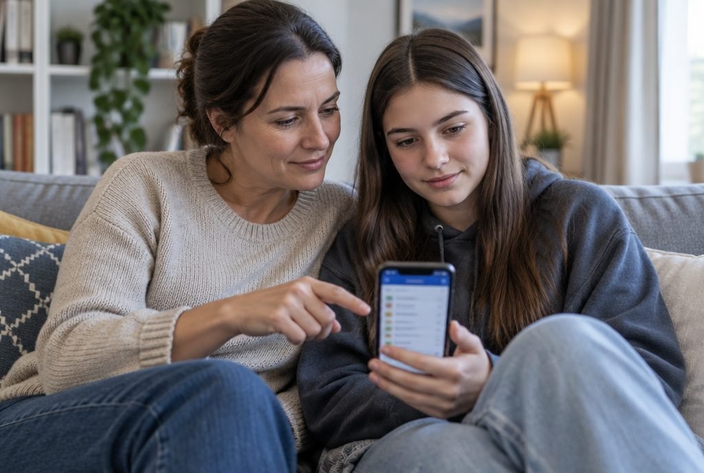 Parent et adolescent qui regardent calmement les notes sur un téléphone