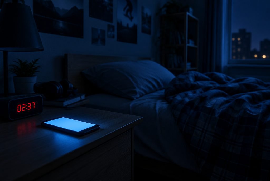 Téléphone allumé la nuit sur la table de chevet d'un adolescent