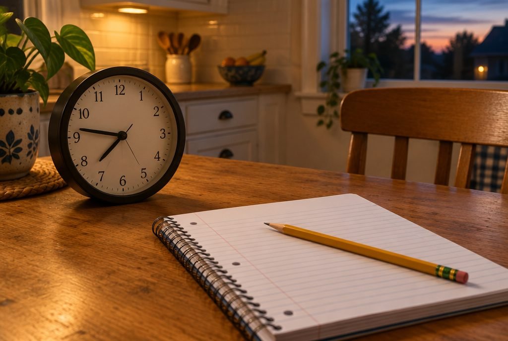 Horloge et cahier sur la table, temps consacré aux devoirs le soir