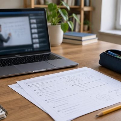 Ordinateur avec un cours en ligne à côté d'exercices imprimés