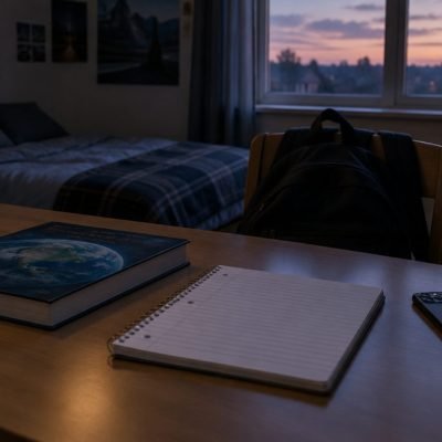 Bureau de lycéen avec manuel fermé et cahier vierge, signe de décrochage scolaire silencieux