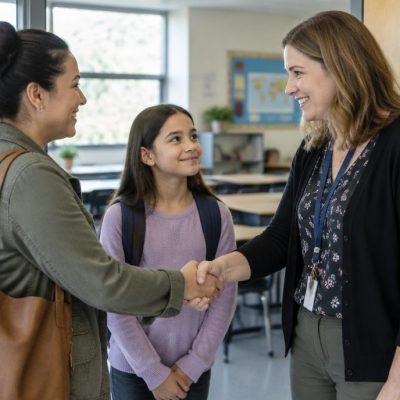 Parent et enseignant qui se serrent la main, collaboration école-famille