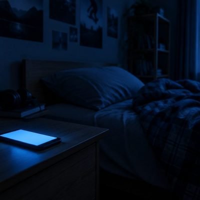 Téléphone allumé la nuit sur la table de chevet d'un adolescent